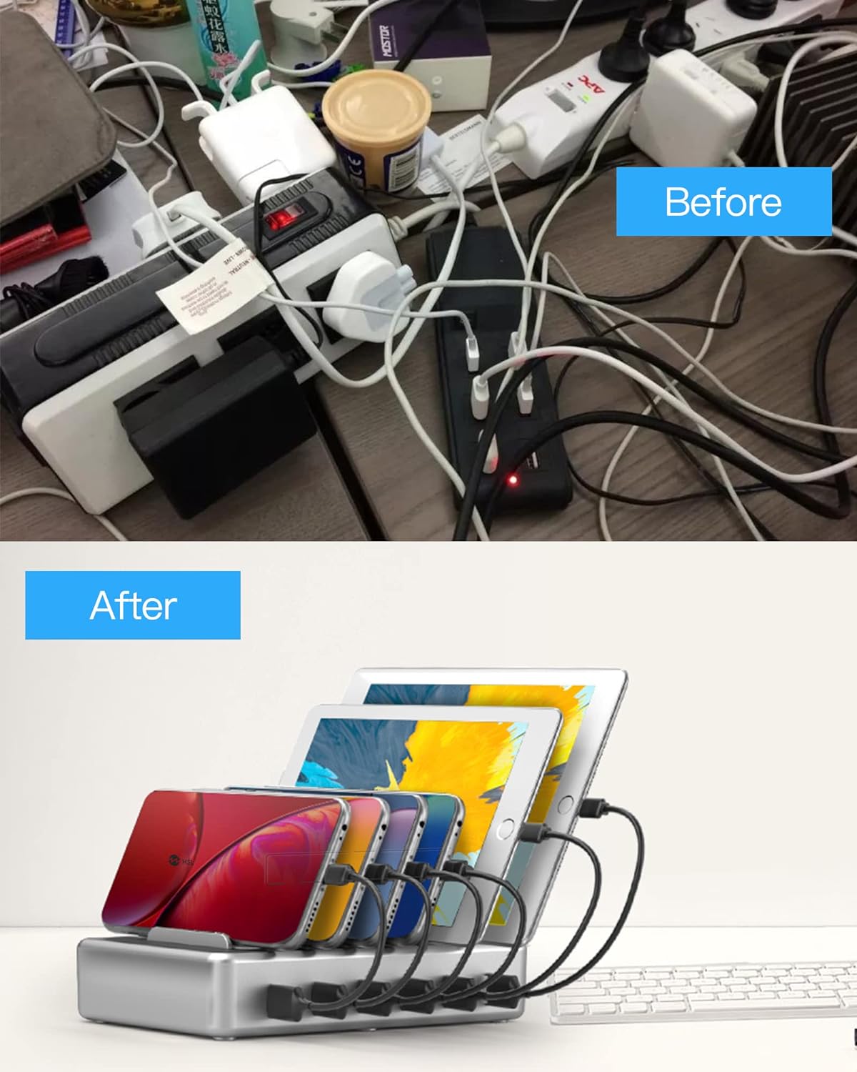 Charging Station for Multiple Devices - 6 Port Fast Charging Station for iPhone iPad Android and Tablet - Multi Charging Stations - Phone Charging Stations with 6 Mixed Cables Included(UL Certified)