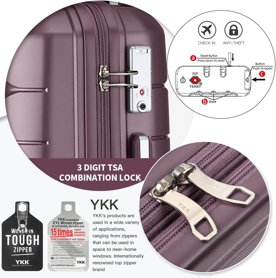 Somago Luggage Sets and Packing Cube Travel Set Lightweight Hardside Polypropylene Suitcases with Double Spinner Wheels and TSA Lock,Elegant Purple