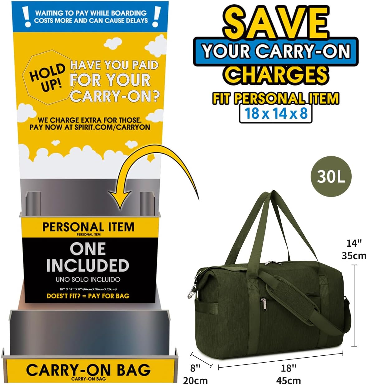 Narwey For Spirit Airlines Personal Item Bag 18x14x8 Travel Duffel Bag Carry on Bag Underseat for Airplane with Wet Pocket Small Gym Bag Weekender Overnight for Women and Men (Army Green)