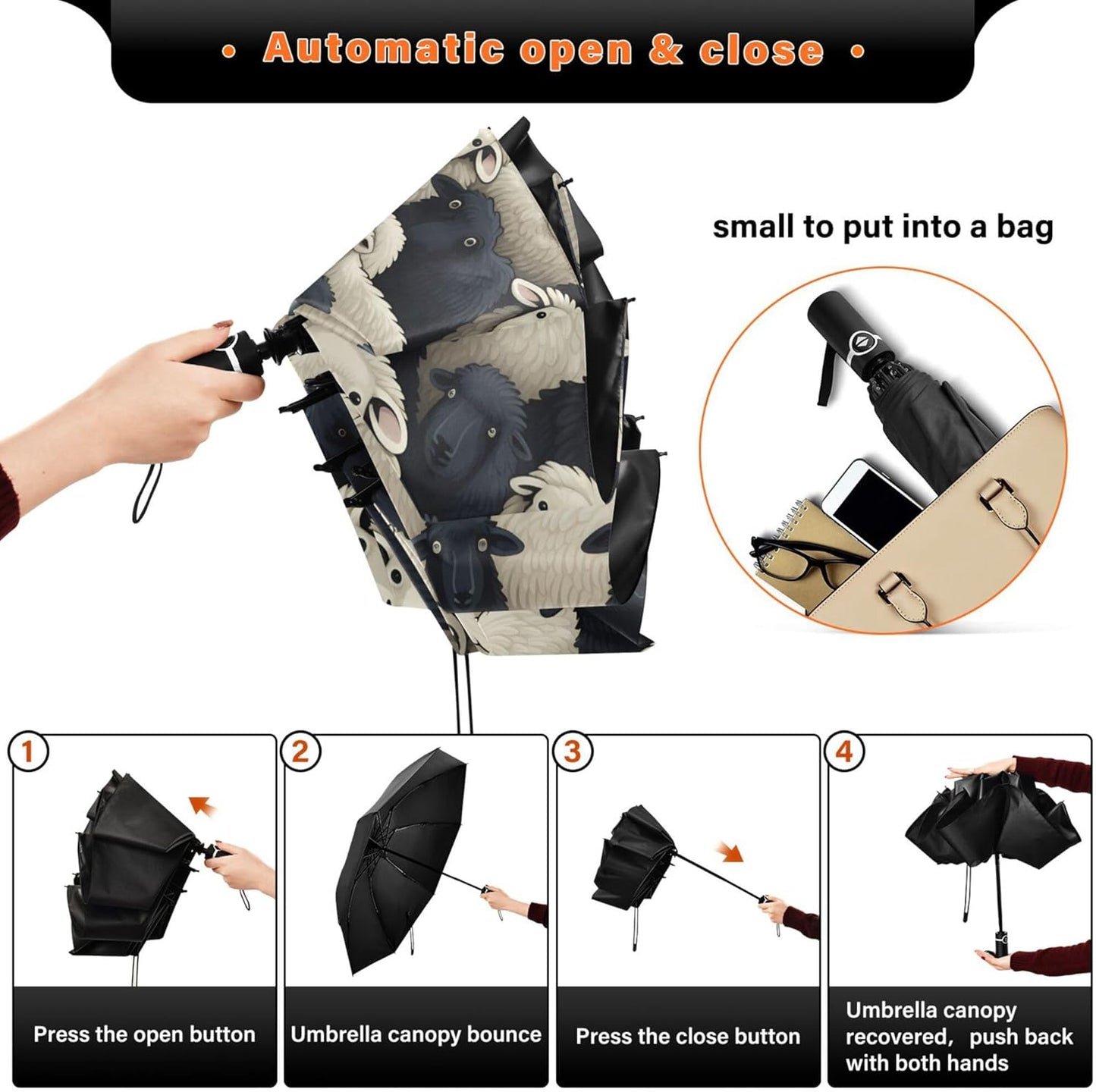 Automatic Folding Umbrella Windproof Strong, UV Protection Compact Black Gothic Moon Spider Webs