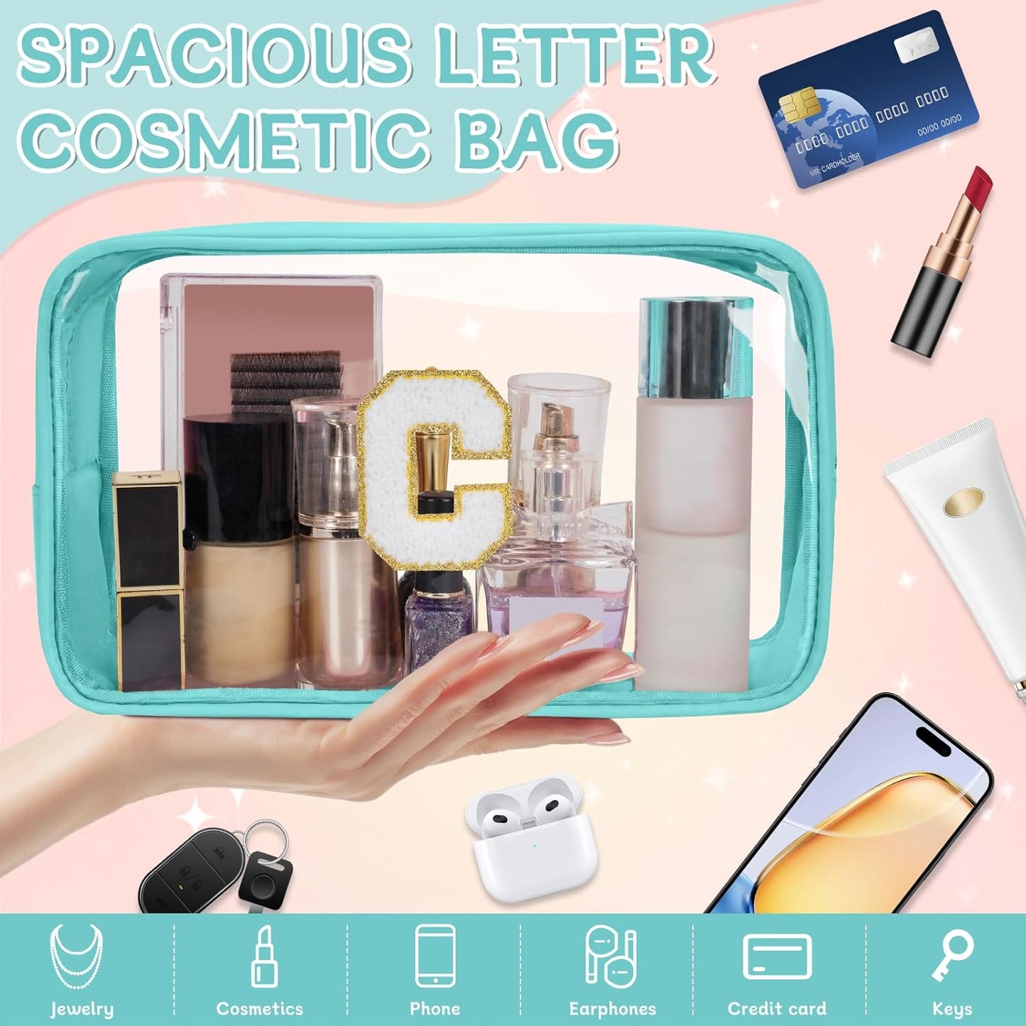 Personalized Initial Clear Makeup Bag, Travel Chenille Patch Cosmetic Bag, Preppy Toiletry Bag Monogram Cosmetic Pouch with Zipper, Ideal Gift for Teen Girls Women (Clear-Green, C)