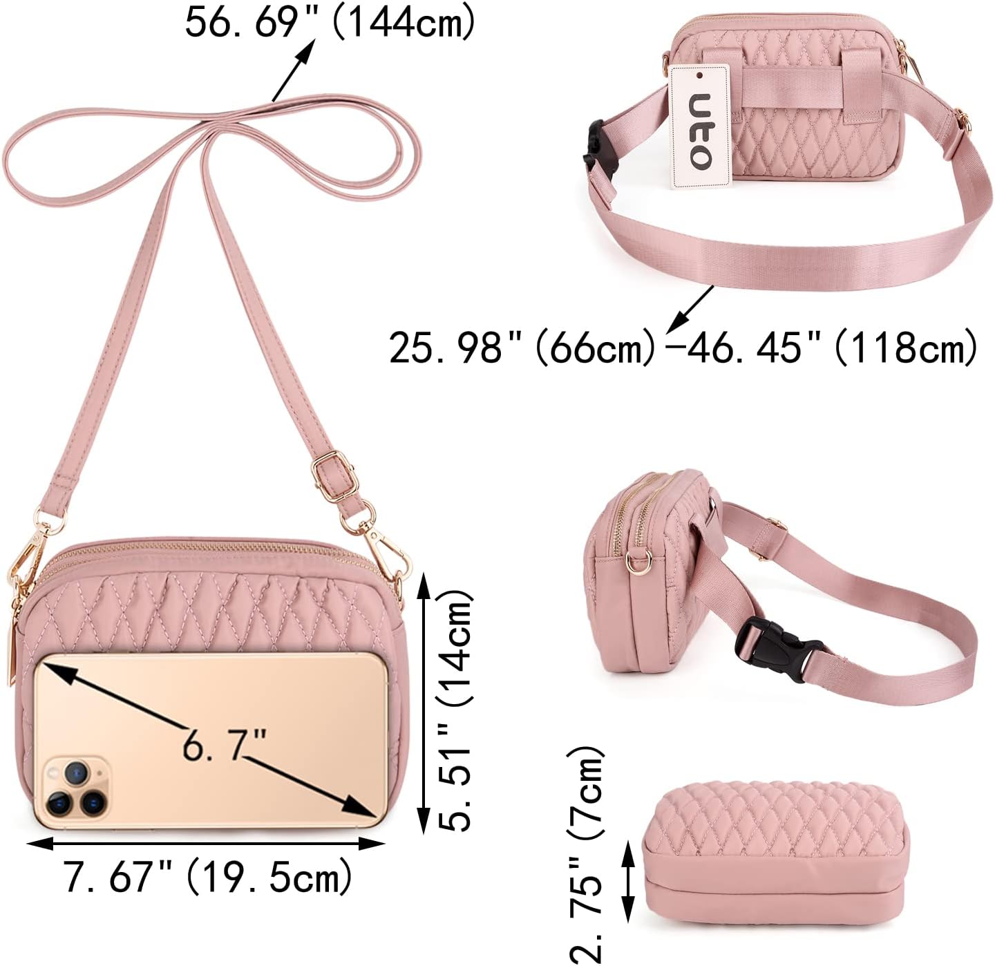 UTO Fanny Pack for Women 5 Ways Convertible Chest Bag Waterproof Fashion Lightweight Travel Waist Pack Purse