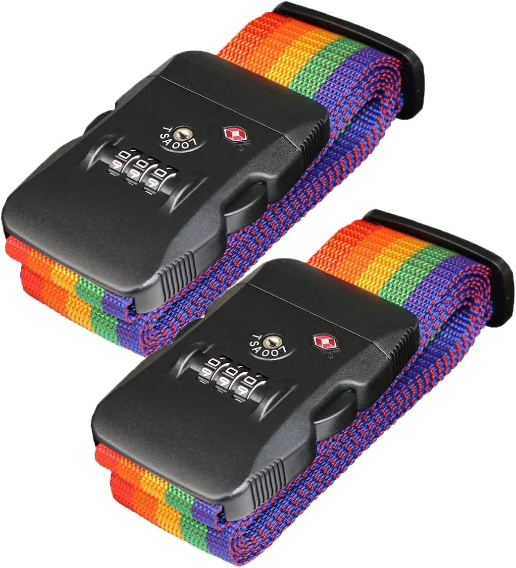 Travel Luggage Strap Adjustable Suitcase Packing Belt with TSA Combination Lock(Rainbow 2 Pack)