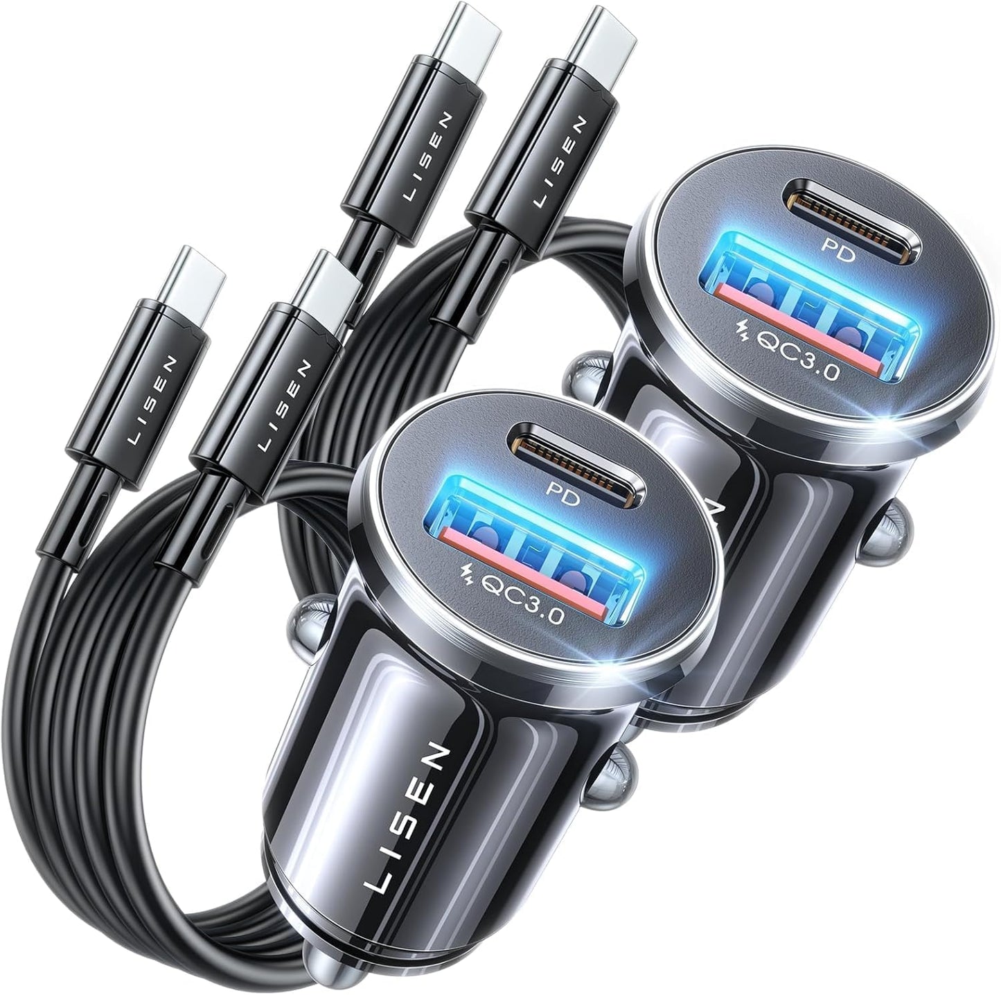 LISEN Super Fast Car Charger USB C [Alloy] 2 Pack 54W Type C Car Charger Fast Charging Cigarette Lighter Adapter for Car Plug Sockets Fits iPhone Air 17 16 15 Pro Max Plus,Samsung Galaxy,Android