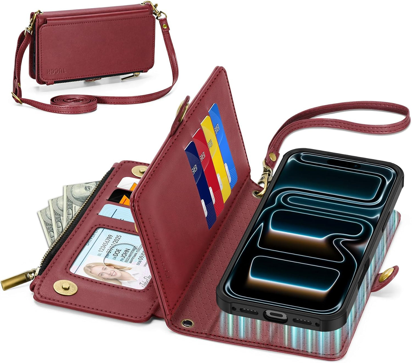 TUCCH Detachable Crossbody Case Wallet for iPhone 17 Pro Max 6.9", Wireless Charging | RFID Blocking 10 Card Holder | Lanyard Wrist Strap | Stand | Zipper Pocket | PU Leather Magnetic Cover | Dark Red