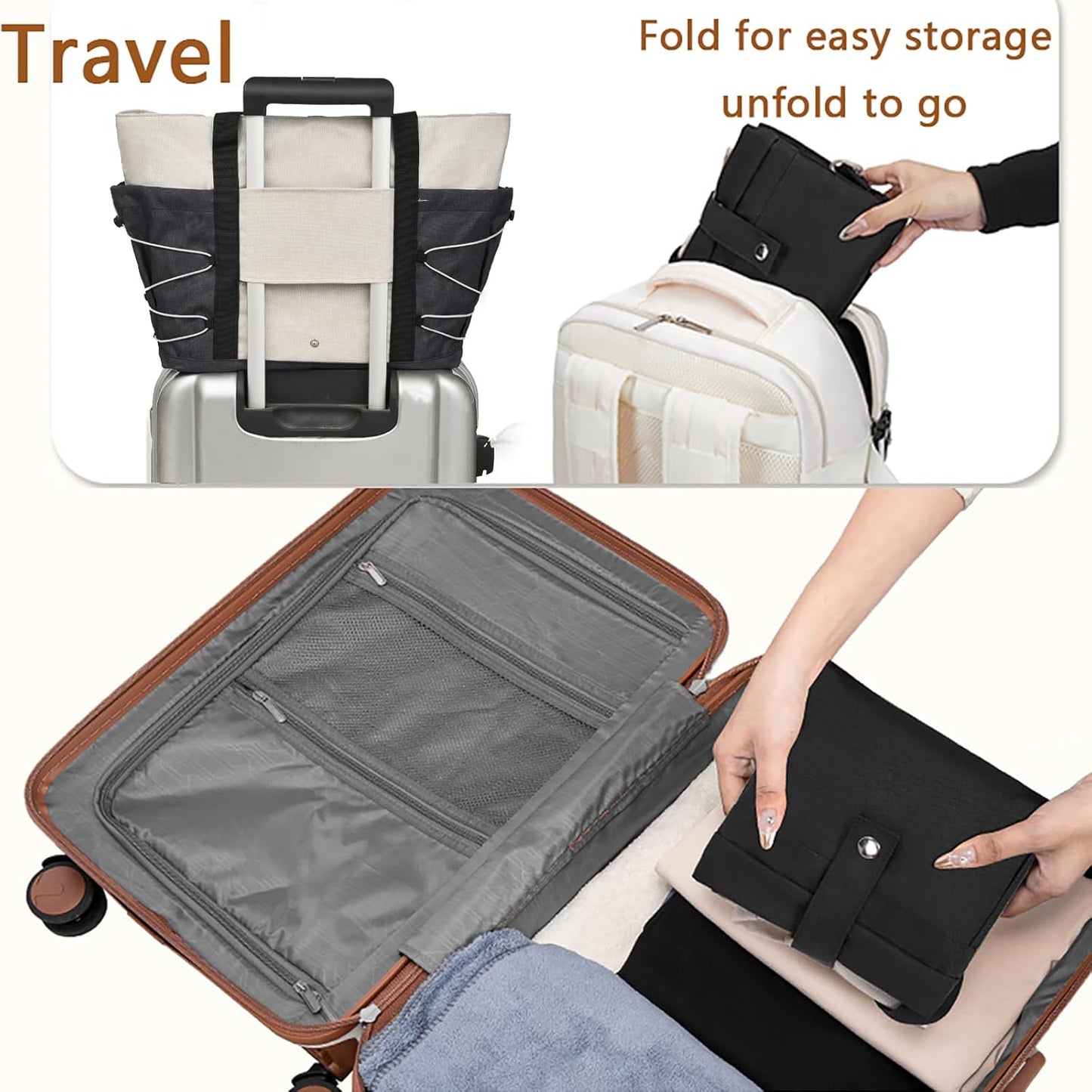 Travel Tote Bags for Women - Foldable Beach Bag Waterproof Zipper Gym Sports Shopping Bag with Trolley Sleeve