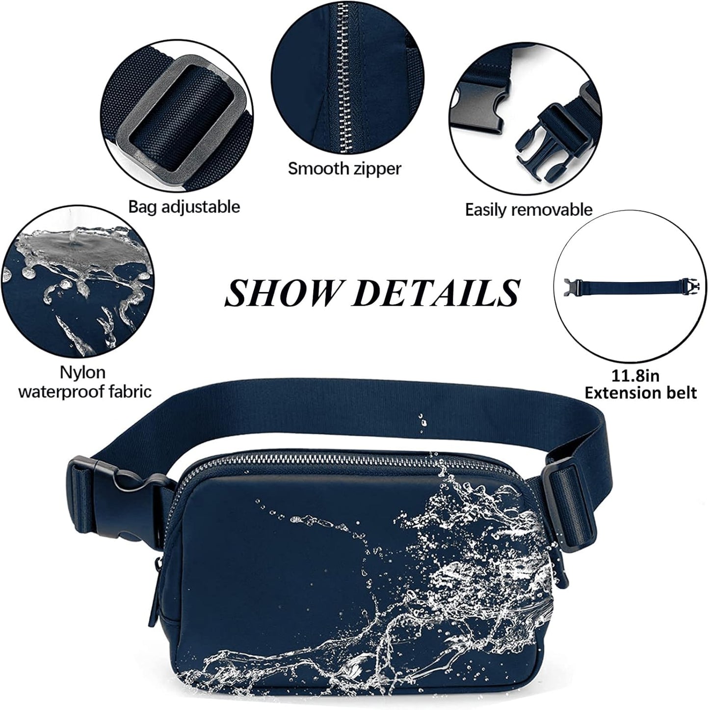 Fanny Pack for Women Men,Fashion Crossbody Bag Mini Belt Bag with Adjustable Strap and 11.8in Extension Belt, Waterproof Waist Bag for Outdoor Running Hiking Walking Travel (Navy Blue)