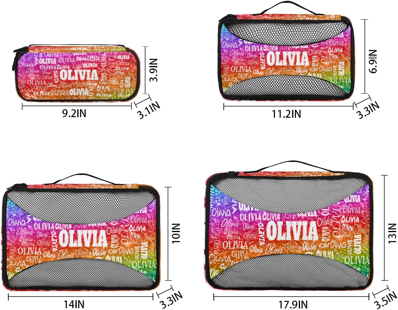 Personalized Name 4 Set Packing Cubes Luggage Packing Organizers Travel Accessories for Women Girls, Bright Colorful Rainbow Red Green Purple Sequins Glitter