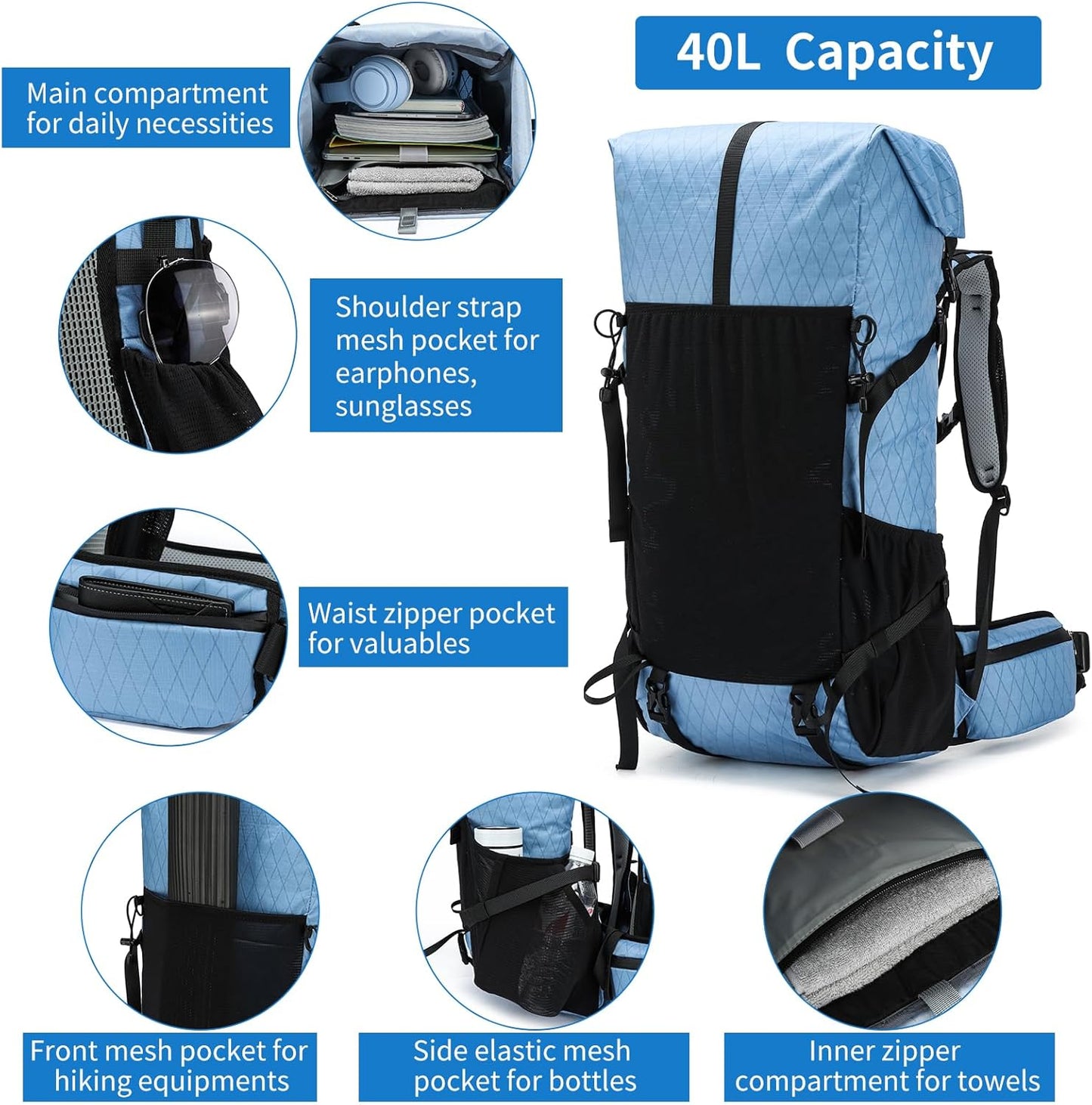 Hiking Backpack,30L +10L Extra Large Capacity Hiking Bag,Internal Frame Camping Backpack,Upgraded X-PAC Lightweight Sport Daypack Travel Backpacks Fit For Mountain Climbing Camping (Blue)