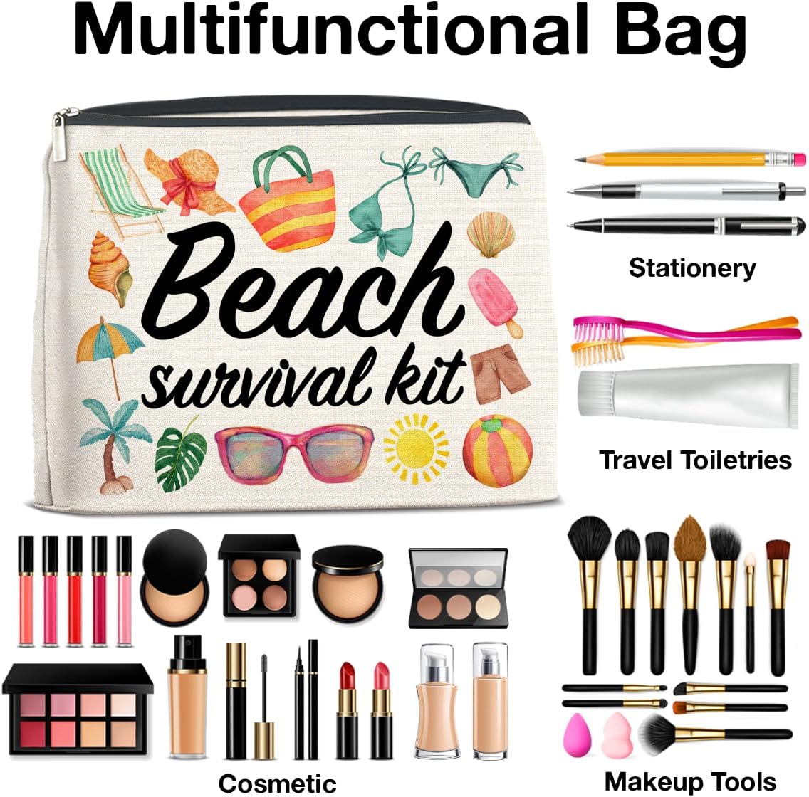 Beach Survival Kit Makeup Bag Beach Travel Gifts for Women, Multicolor Cosmetic Case