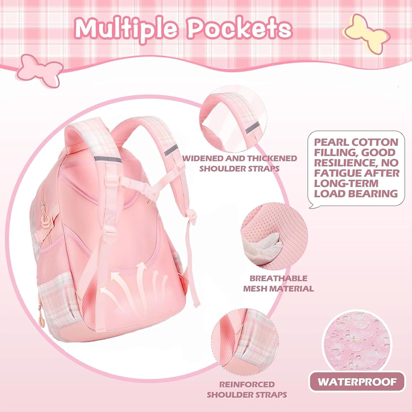 Cute Girls Backpack, 3PCS Cute Kids School Bag, 16.8 Inch Kindergarten Primary Backpack with Lunch Box Pencil Case Set（Pink）