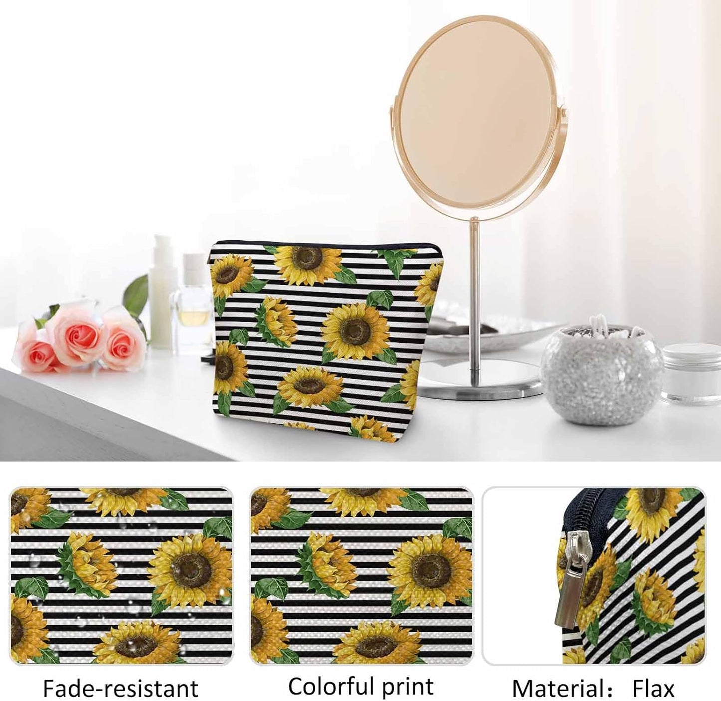 Makeup Bag Sunflower Makeup Bags For Purse Pouch, Yellow Sunflowers Stripes Travel Toiletry Bag Cosmetic Bag Makeup Bags Flax Makeup Organizer Bag Pencil Pouch For Man Woman