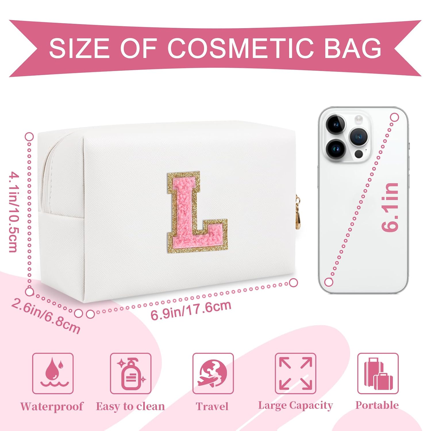 Personalized Makeup Bag Initial A-Z Preppy Patch Bag,Small PU Leather Travel Cosmetic Bag Pouch