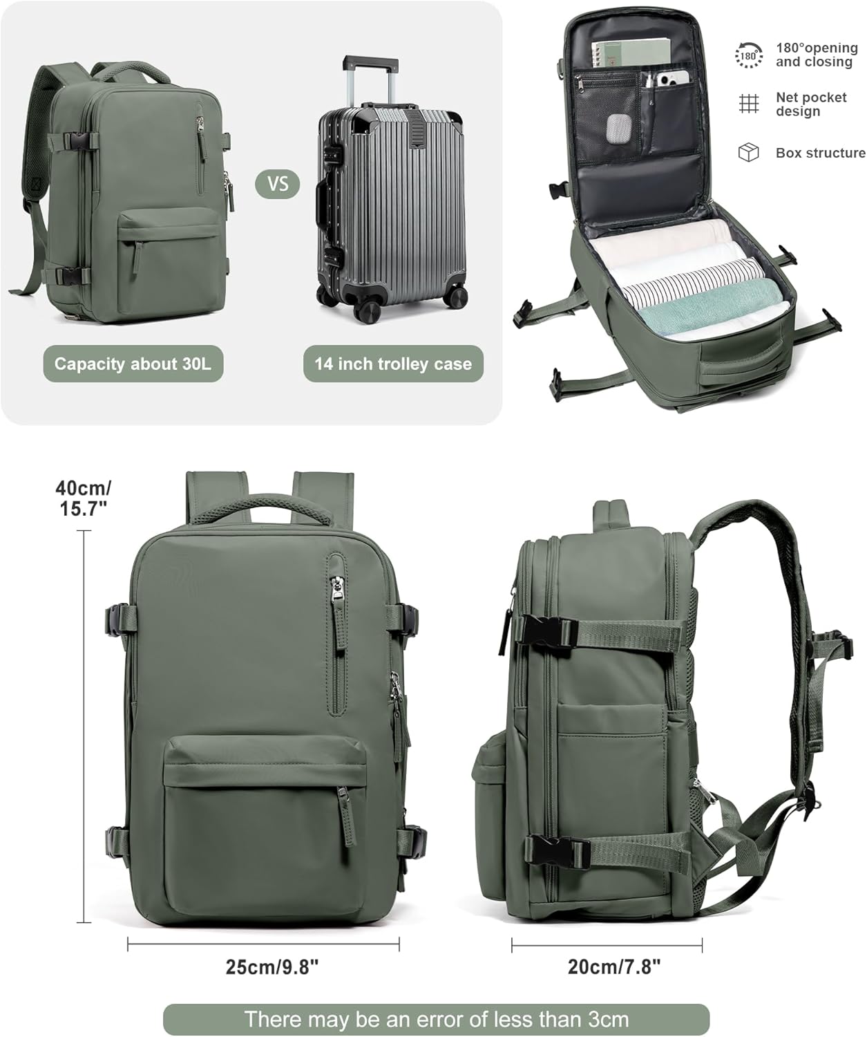VGCUB Travel Backpack for Women Men for Spirit Airlines Personal Item Bag 18x14x8 Inches Laptop College Waterproof Carry on Flight Approved Work Backpack Mochila de Viaje,Army green
