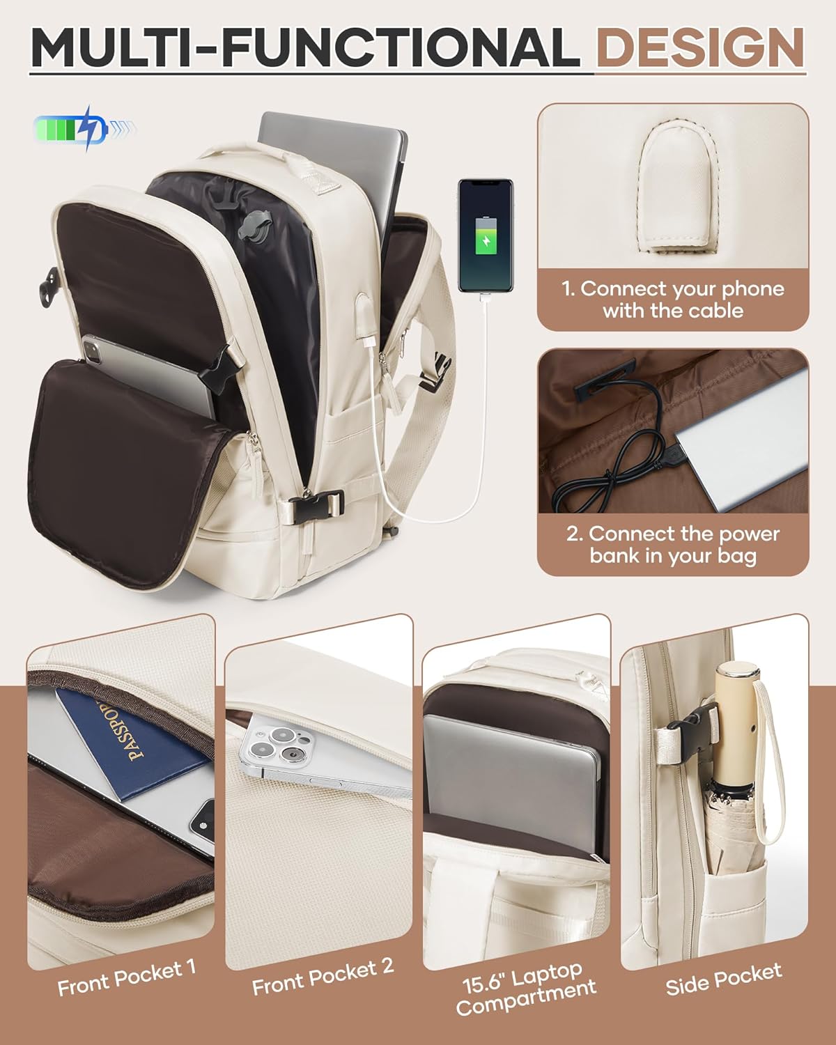 Vacuum Backpack Travel with Pump, Expandable Travel Backpack with Vacuum System, Vacuum Compression Bags Personal Item Carry On Suitcase Luggage Flight Approved Backpacks for Women Men, Beige