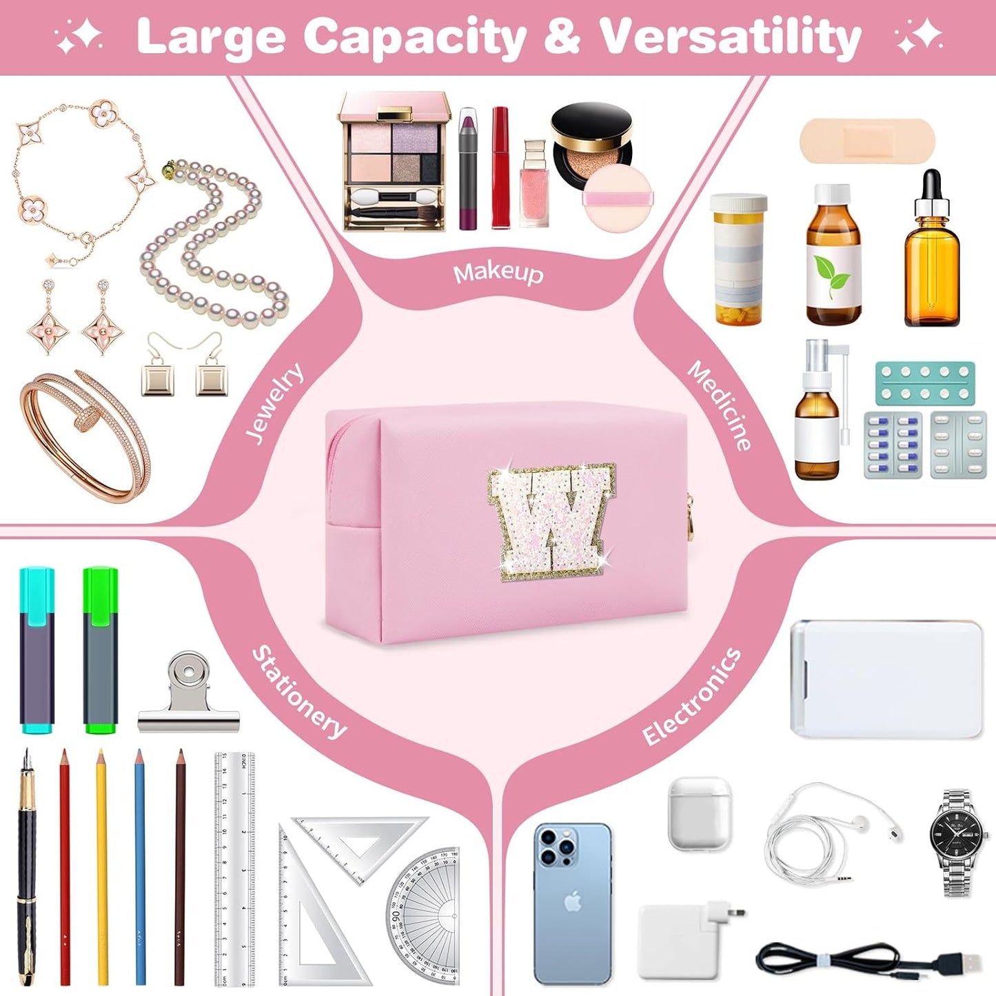 Small Personalized Initial A-Z Patch Makeup Bag,Pink Cute PU Leather Glitter Letter Cosmetic Bag for Teen Girls,Travel Toiletry Bag with Zipper,Preppy Monogrammed Birthday Gift for Daughter Niece W