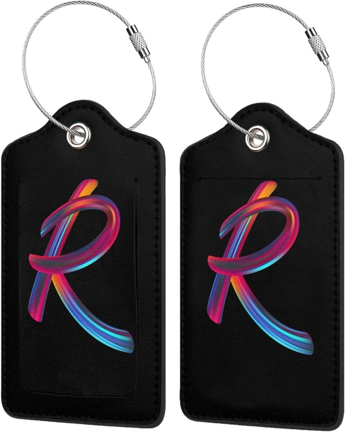 2 Pack Initial Luggage Tags for Suitcase, Colorful Letter Design Cruise Name Bag Tags, Novelty Baggage Identifiers with Full Privacy Cover, Leather ID Label for Women Men Kids Travel, Rainbow Letter R