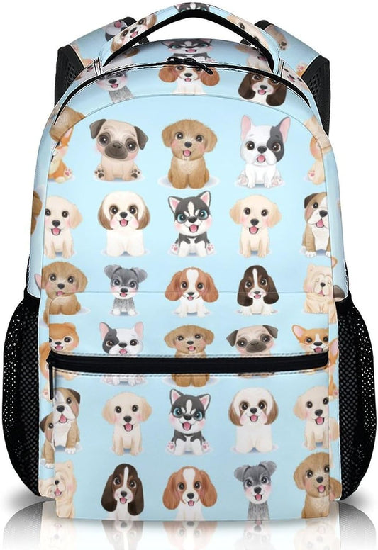 Dog Backpacks for Kids, Large Capacity Backpack for School, Cute Blue Doggy Print Lightweight Bookbag for Boys & Girls