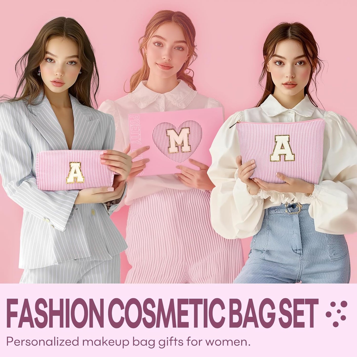 2 PCS Initial Makeup Bags for Women: Cosmetic Bag for Travel Toiletry - Birthday Gifts for 11 12 13 14 15 16 17 18 Years Old Girl Graduation Teacher Gift- Teen Girl Gifts Trendy Stuff - Light Pink K