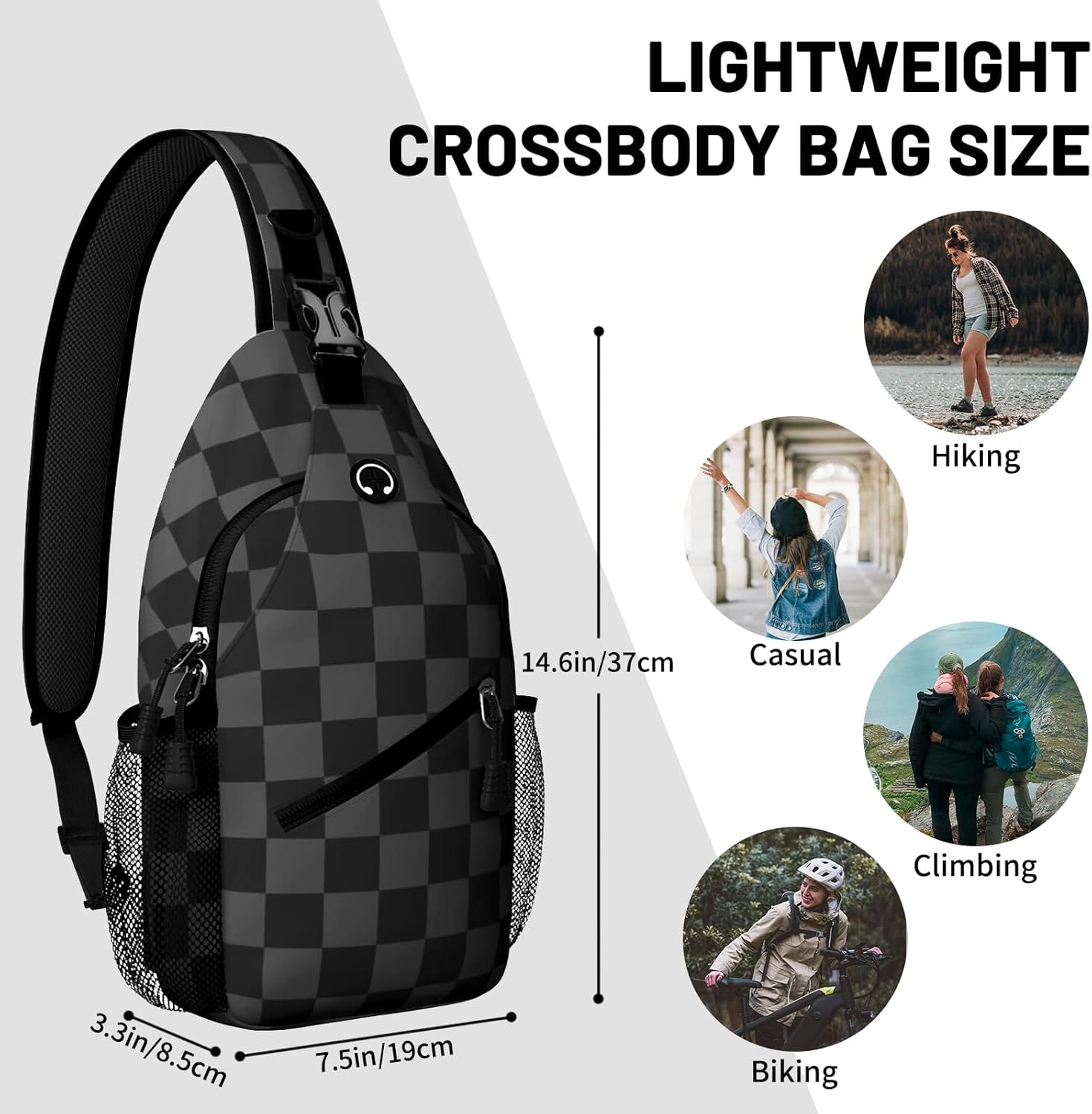 Gray Black Checkered Sling Bag Crossbody Chest Bag for Women Men,Water Resistant Lightweight Casual