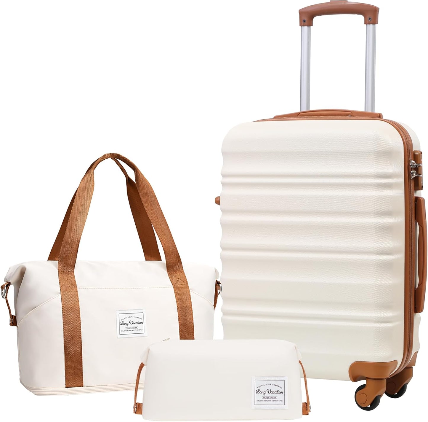 LONG VACATION Carry On Luggage Sets 3 Piece 20 Inch Suitcase Set, ABS+PC Hardshell Lightweight Travel Luggage with Spinner Wheels & YKK Zipper TSA Lock (WHITE-BROWN, 20 Inch)