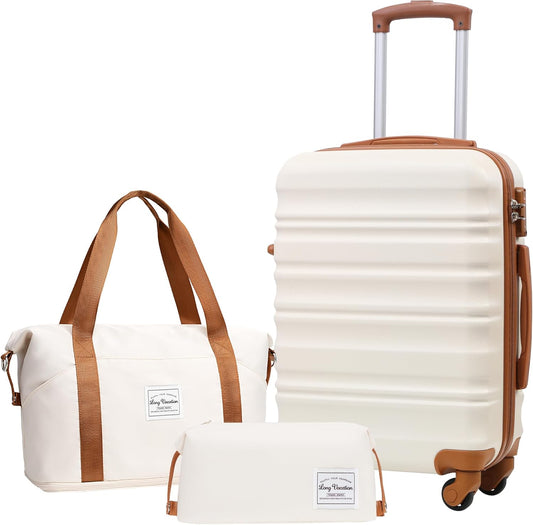 LONG VACATION Carry On Luggage Sets 3 Piece 20 Inch Suitcase Set, ABS+PC Hardshell Lightweight Travel Luggage with Spinner Wheels & YKK Zipper TSA Lock (WHITE-BROWN, 20 Inch)