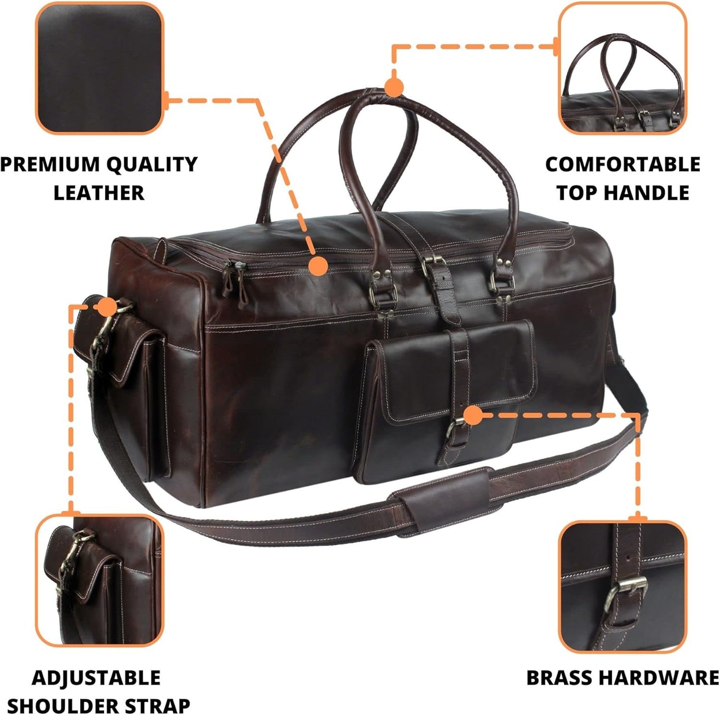 Buffalo Leather Duffle Bag for Men 24 Inches | Top Grain Leather Travel Bag | Large Overnight Weekender Holdall Bag | Vintage Classic Style Sports Gym Bag | Carry On Luggage Bag Best for Gift by Hulsh