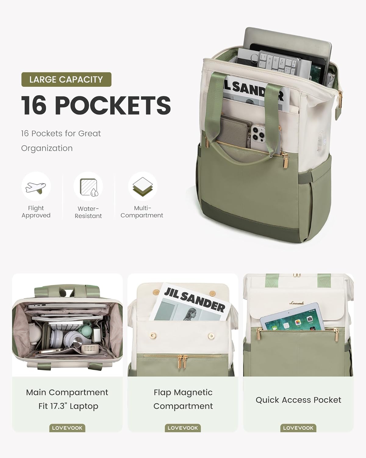 LOVEVOOK 17.3 Inch Laptop Backpack for Women, Large Capacity Travel Backpack with Organizer Bag,Waterproof Carry on Backpack Work Bag with USB Port,Teacher Nurse Backpack Purse,2PCS,Beige-Bean Green