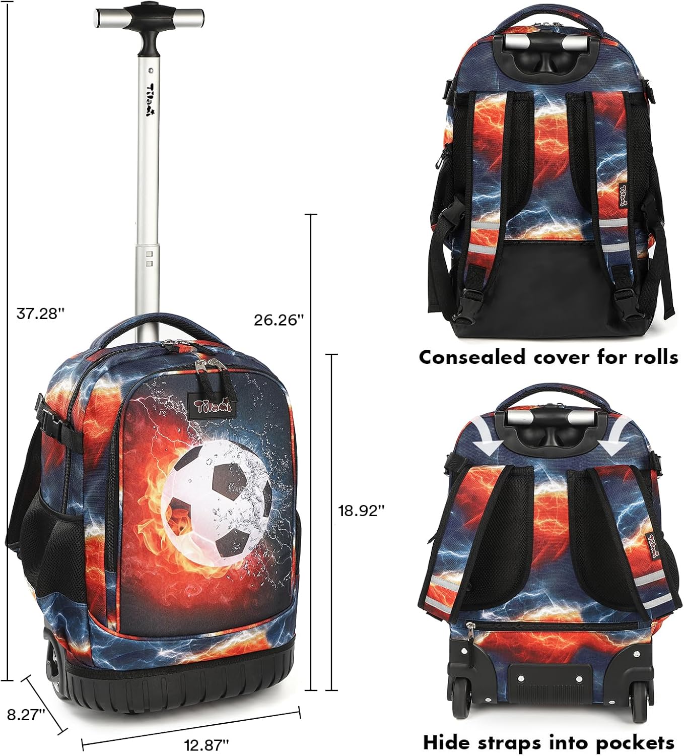 Tilami Rolling Backpack 19 inch Wheeled Cute LAPTOP Boys Girls Travel School Student Trip (Football)