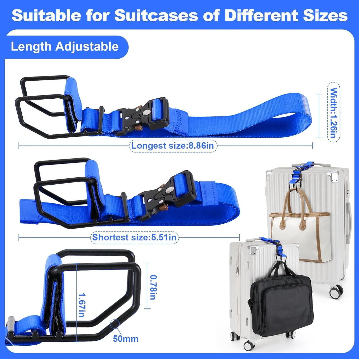 Luggage Hook Strap, J Hook for Luggage Strap Flight Attendant with Hands Free, Adjustable Travel Luggage Straps for Add a Bag Hook