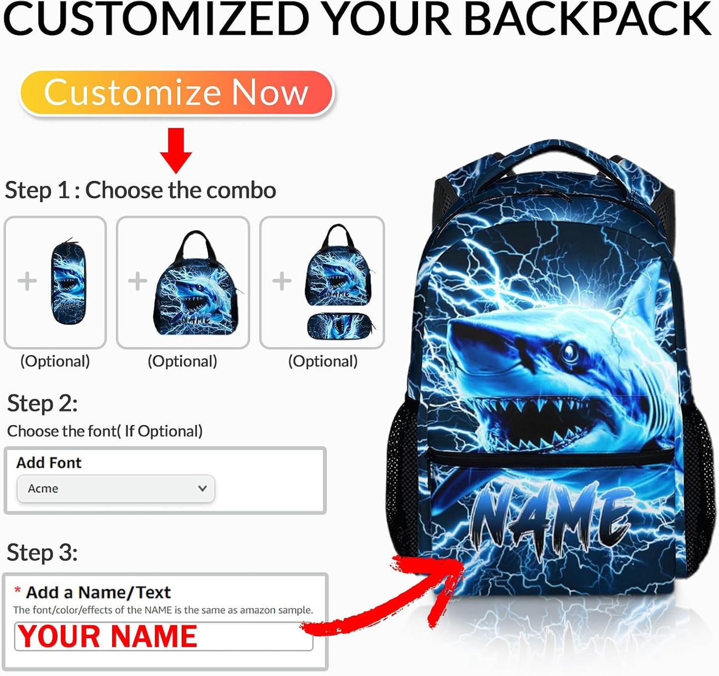 Shark Backpack for Kids Boys - 17 Inch Custom Backpacks with Name for Kindergarten Primary Elementary Senior Middle - Cool Durable Personalized Lightning Bookbag