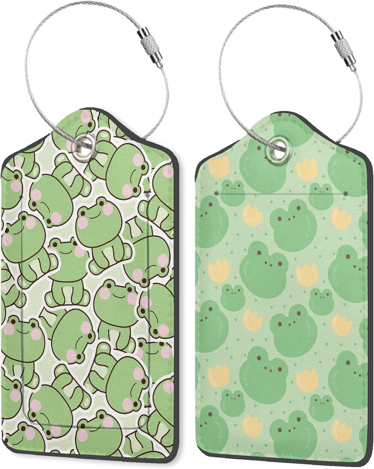Cute Frog 2 Pack PU Leather Luggage Tags for Suitcase, Kawaii Frog in Sitting Pose Travel Tag with Privacy Flap, Name ID Label and Metal Loop for Women Men Baggage Bag