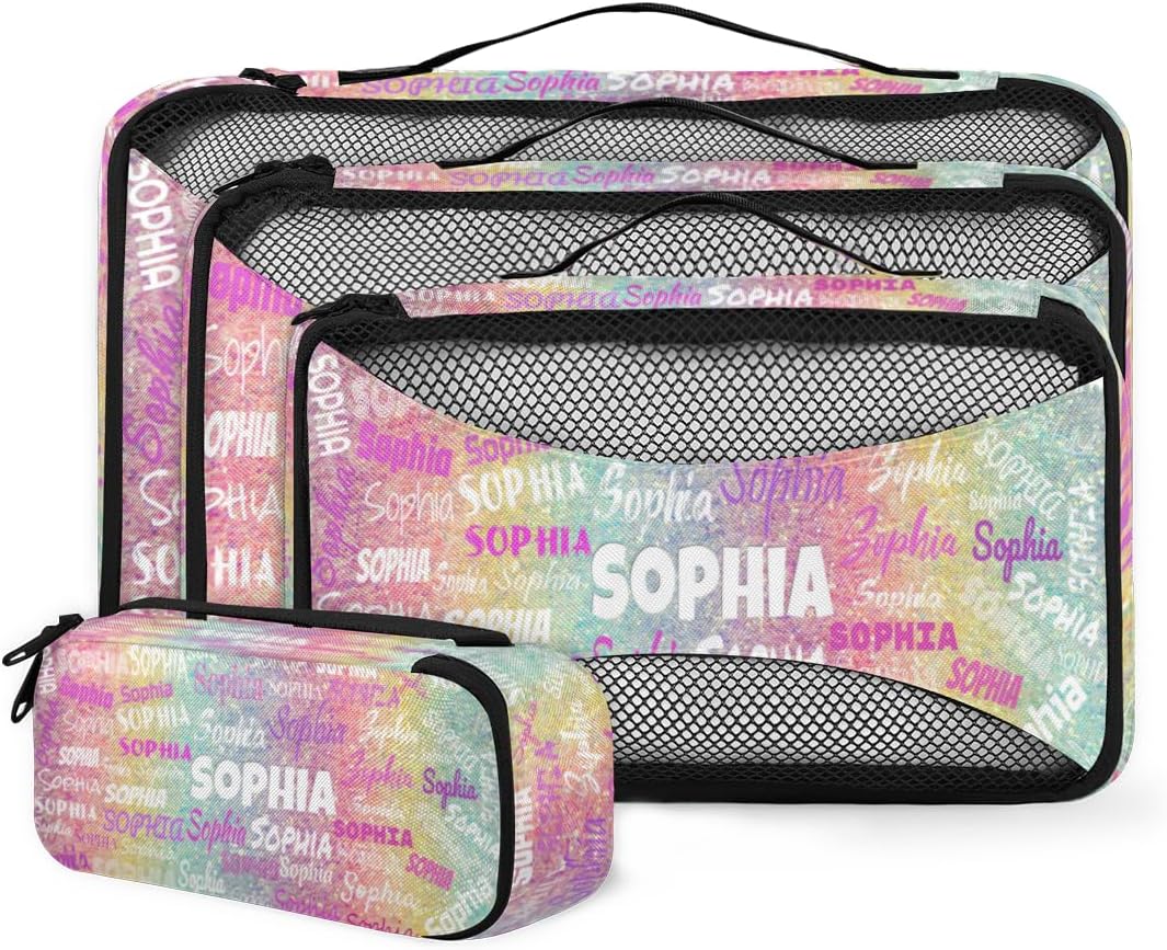 Custom 4 Packing Cubes Set, Lightweight Mesh Travel Luggage Organizers for Travel, 4 Pieces Suitcase Storage Bags, Colorful Rainbow Glitter