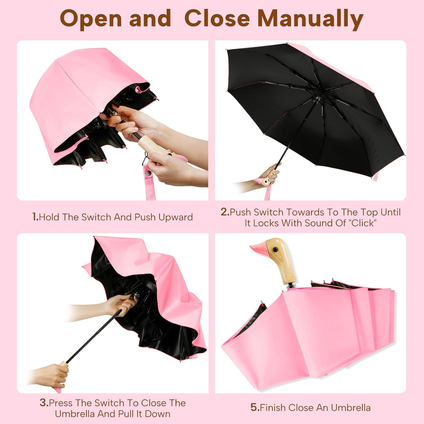 LEAGERA Compact Small Umbrellas for Rain&Sun, Cute Design Duck Head Umbrella for Girls Gifts, 8 Ribs Folding Umbrella with Wooden Handle