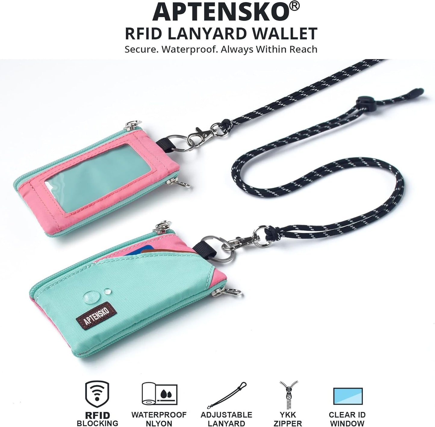 RFID Travel Wallet with Adjustable Lanyard-Zipper Small Wallet with ID Card Holder, Keychain for women&men-Minimalist Slim Waterproof Nylon case for ID, Cash, Key (Mint Aqua+Pink)