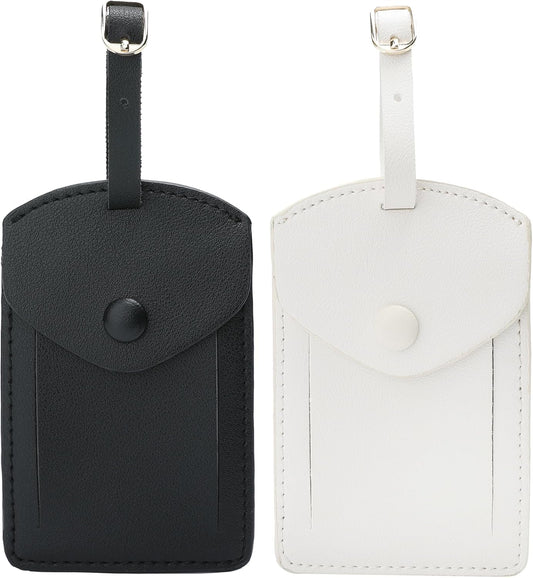 Kevancho Leather Luggage Tags for Men Women, Suitcase Labels Baggage Bag Tag ID Tags with Full Back Privacy Cover for Cruise Ships, Travel Accessories Tags Set (Black+White)