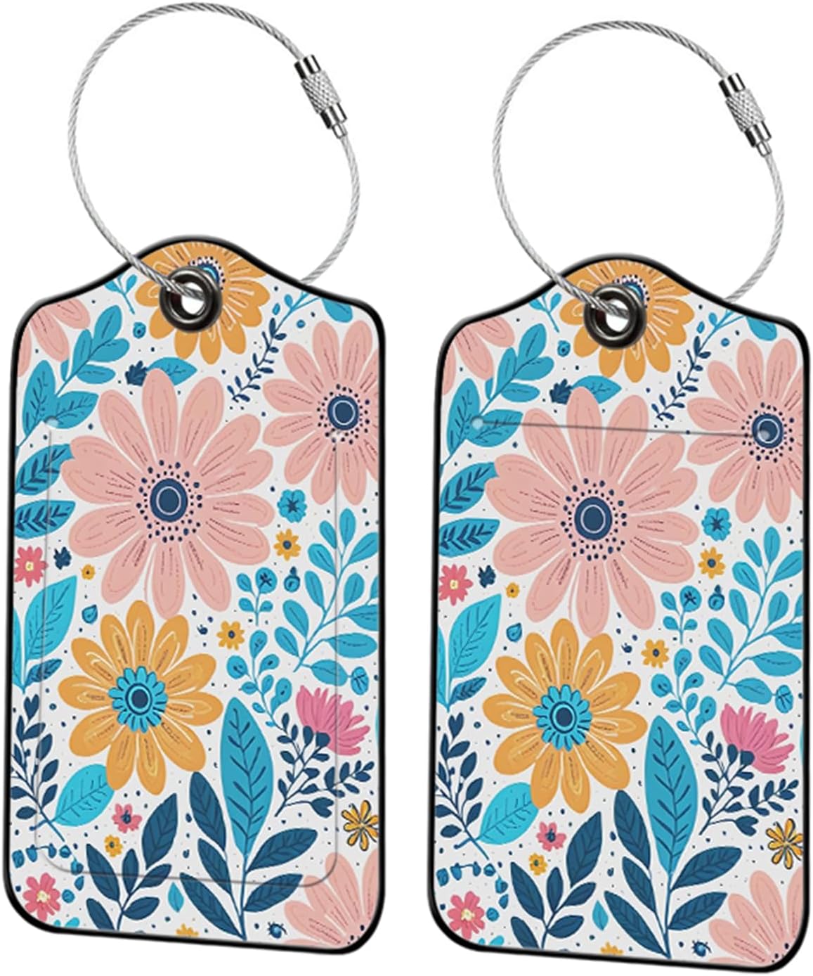 2 Pack Flowers Leather Luggage Tags for Suitcases, Travel Bag Tags with Privacy Cover ID Label with Stainless Steel Loop for Women Men Girls Backpack Gift (Pink Yellow)