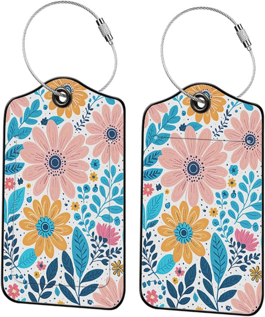 2 Pack Flowers Leather Luggage Tags for Suitcases, Travel Bag Tags with Privacy Cover ID Label with Stainless Steel Loop for Women Men Girls Backpack Gift (Pink Yellow)