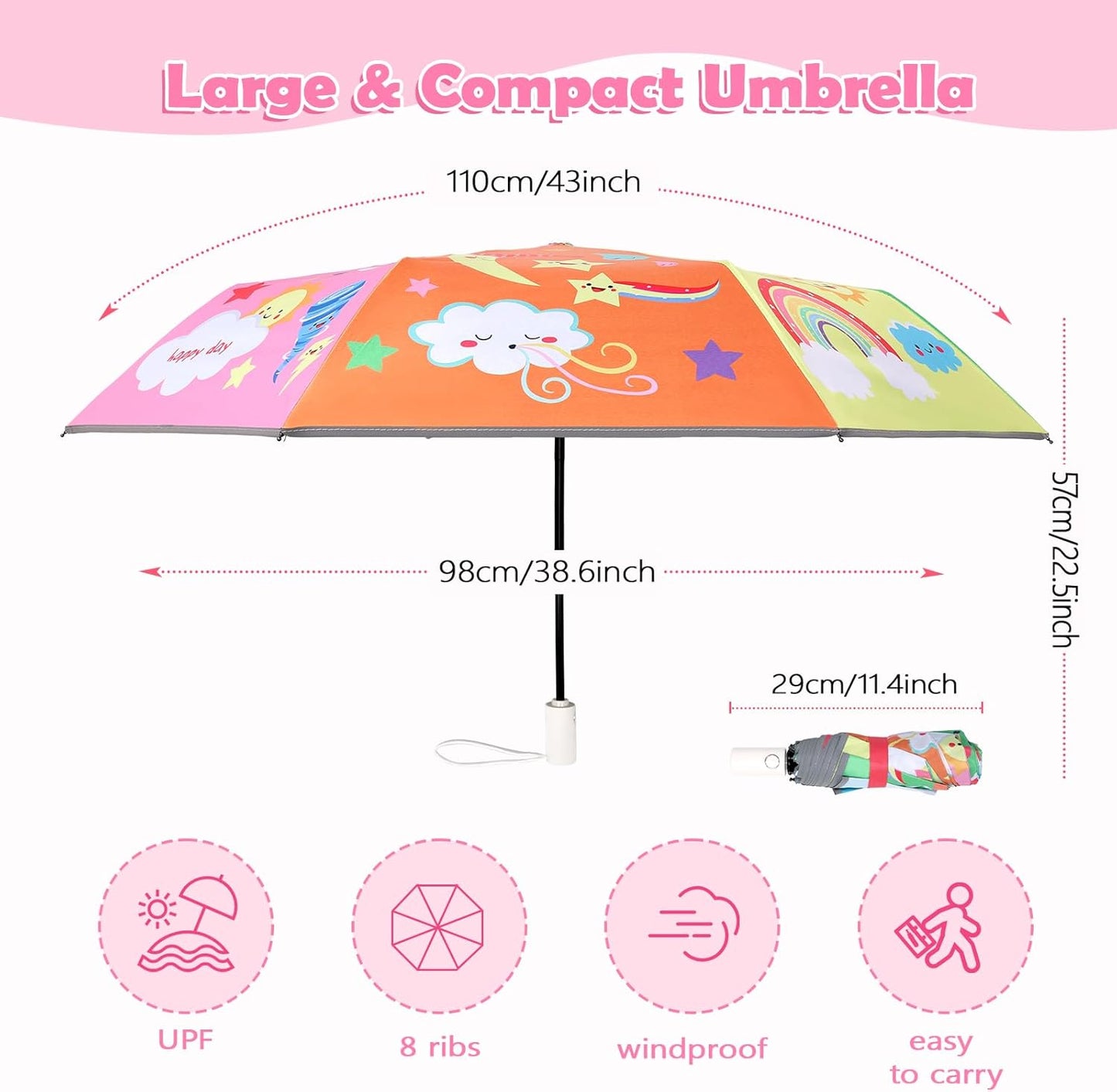 Kids Folding Umbrella Auto Open/Close Anti-rebound Safe Design UV Resistant Automatic Children Travel Umbrellas 8 Rib Reinforced Canopy 360° Reflective Strip Lightweight Cute Umbrella for Girls & Boys