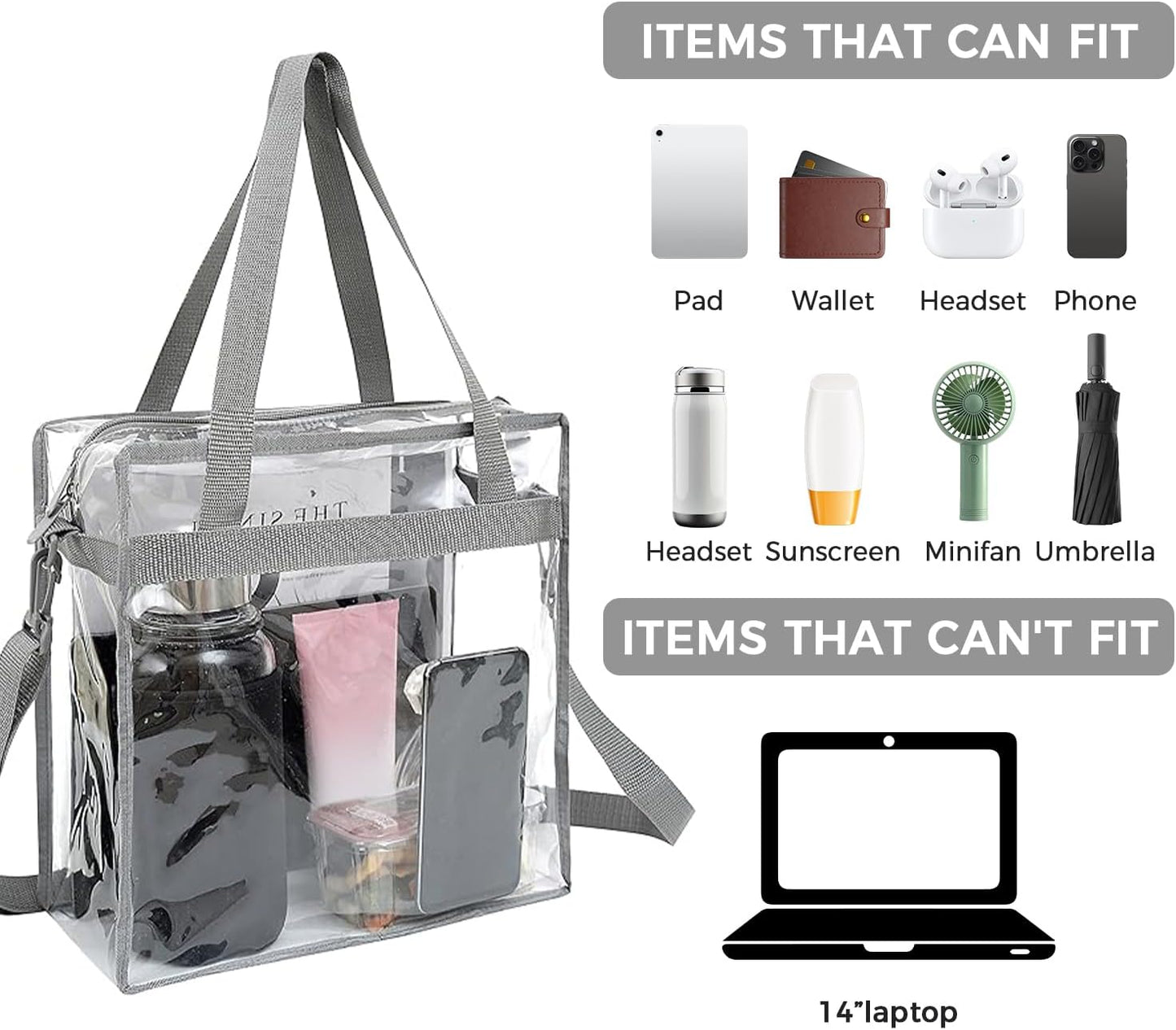 BAGAIL Clear Bags 12x6x12 Stadium Approved Clear Tote Bag with Zipper Closure Crossbody Shoulder Bag with Adjustable Strap