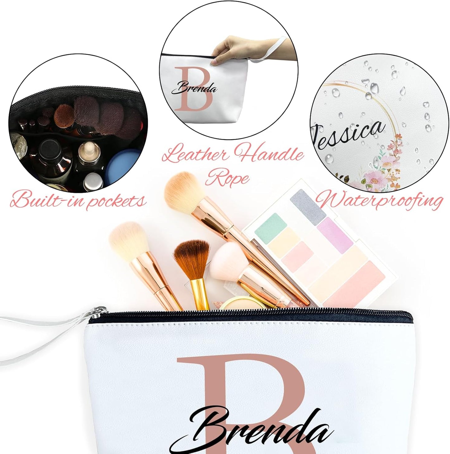 ubmpj Personalized Makeup Bag PU Leather Waterproof Custom Monogrammed Cosmetic Bag with Inner Pocket Gift for Wedding Birthday Christmas Bride Bridesmaid Friends