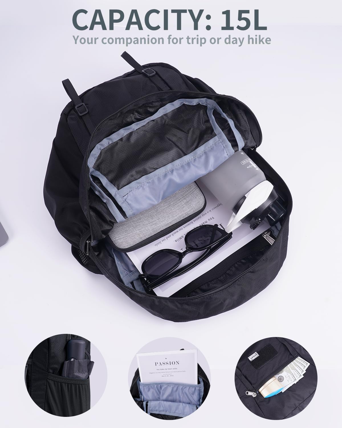 Blue Quartz 15L Hiking Backpack with Soft Flask, Ultralight Hiking Daypack with Chest Pockets for Phone Sternum Straps, Lightweight Foldable Packable Back Pack for Women Men(patent pending)