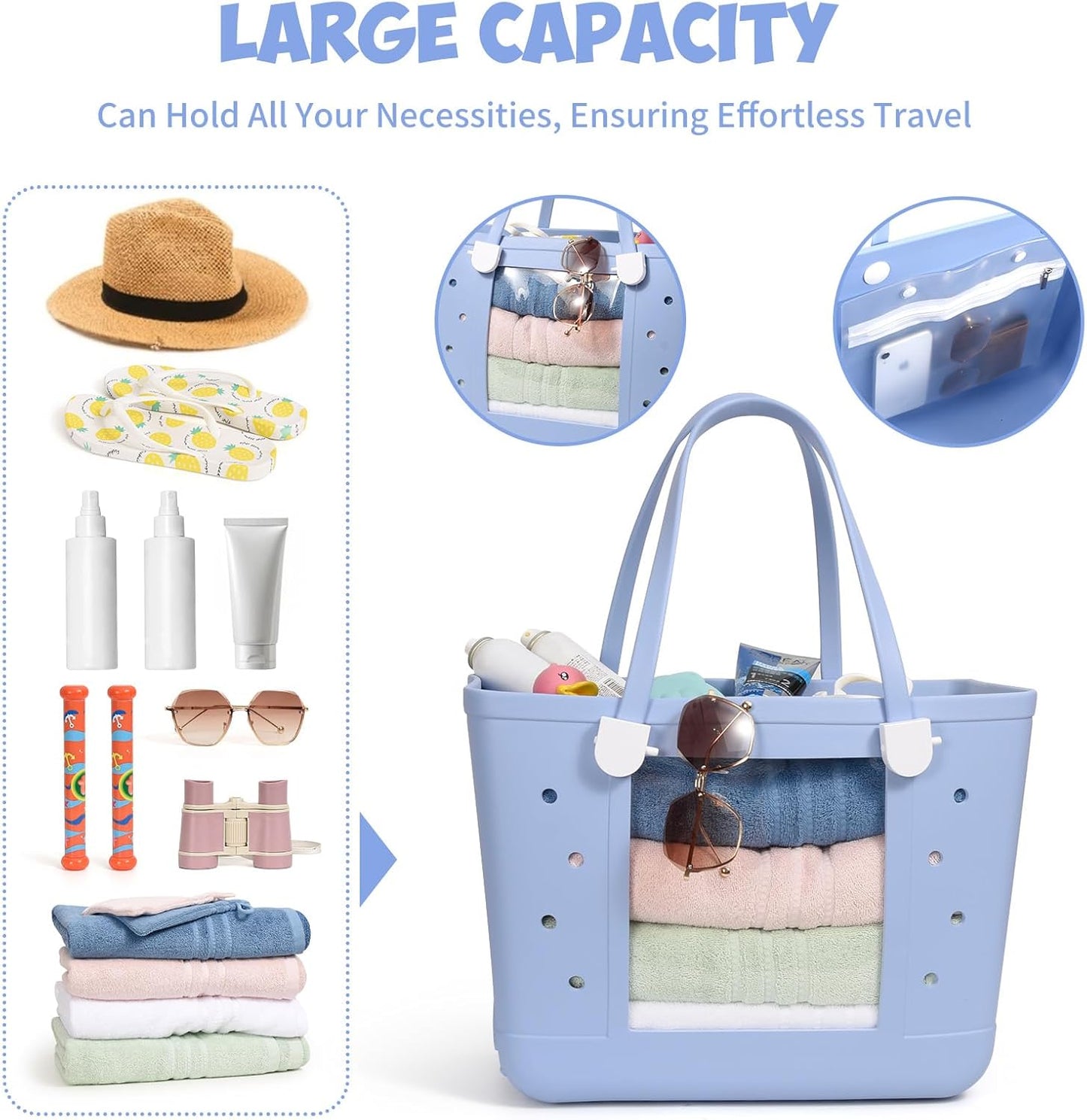 Rubber Beach Bags with Visual Window, Extra Large Waterproof Sandproof Rubber Tote Bag for Pool,Boat & Travel
