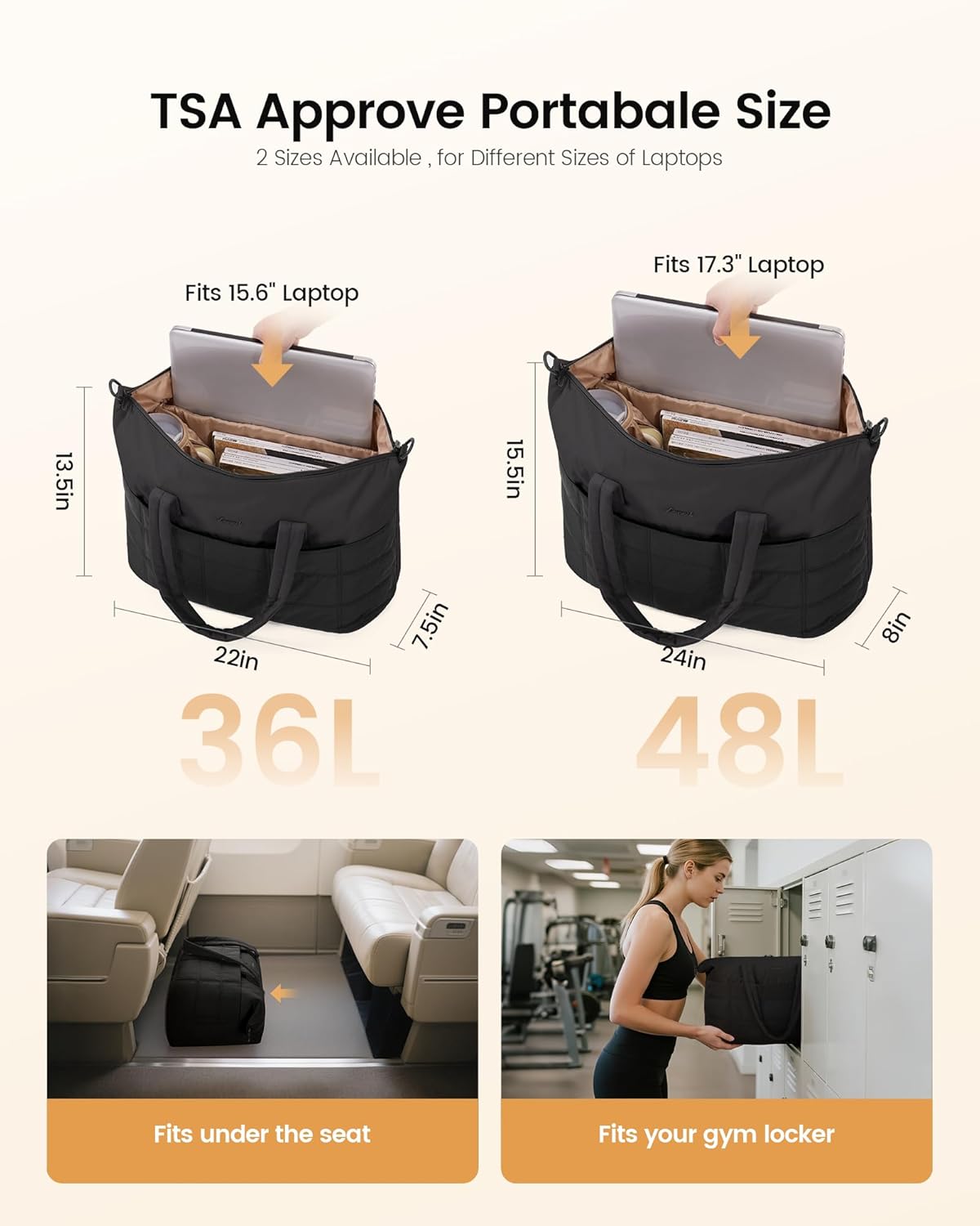 LOVEVOOK Quilted Duffle Bag for Travel,48L Gym Bag for Women with Wet Pocket,Water Resistant Weekender Overnight Bag Tote Bag for Women with Laptop Compartment(Black)