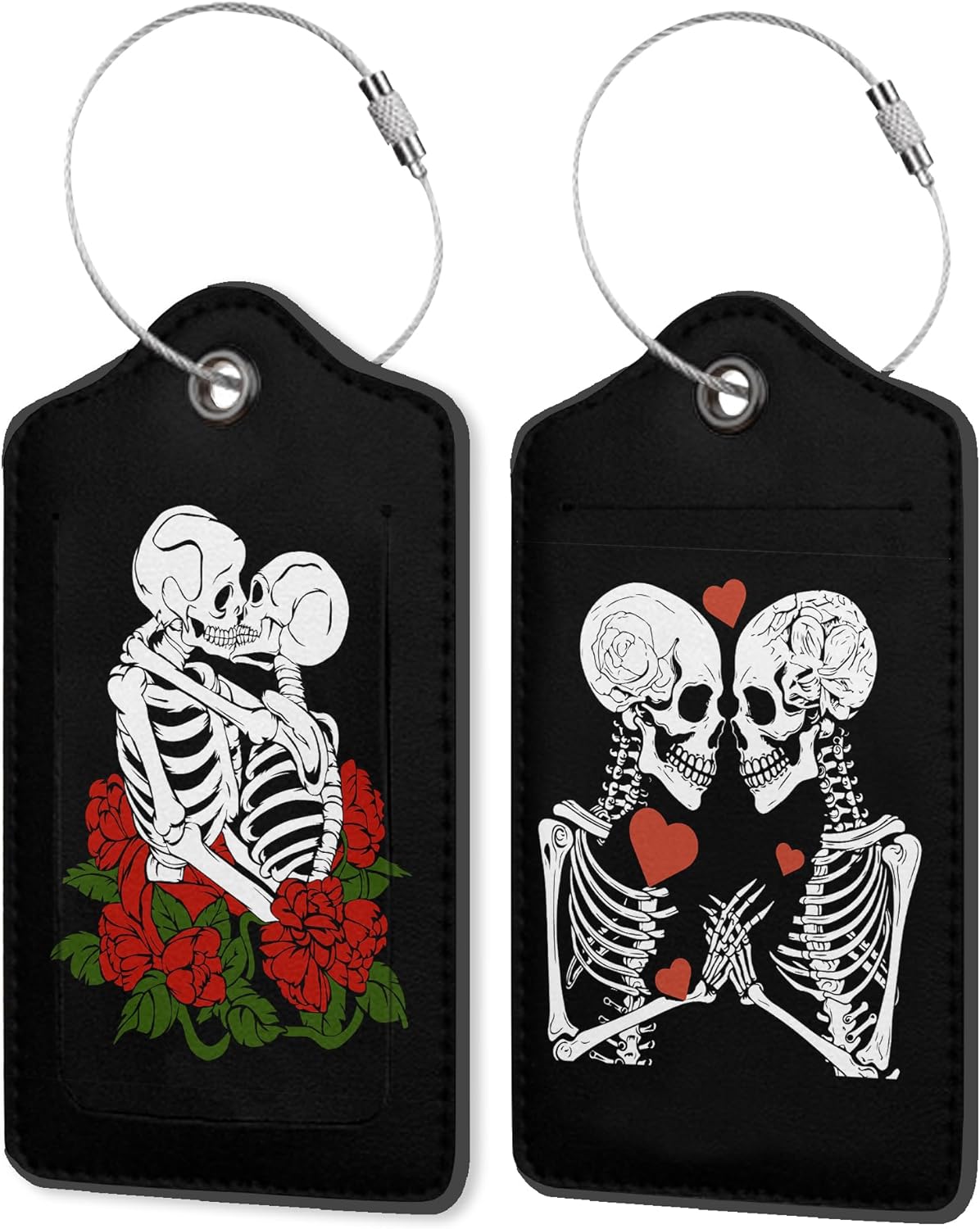 Skeletons Lovingly 2 Pack PU Leather Luggage Tags with Stainless Steel Loop, Funny Human Skull Lovers Travel Labels with Privacy Cover ID Label for Quick Spotting
