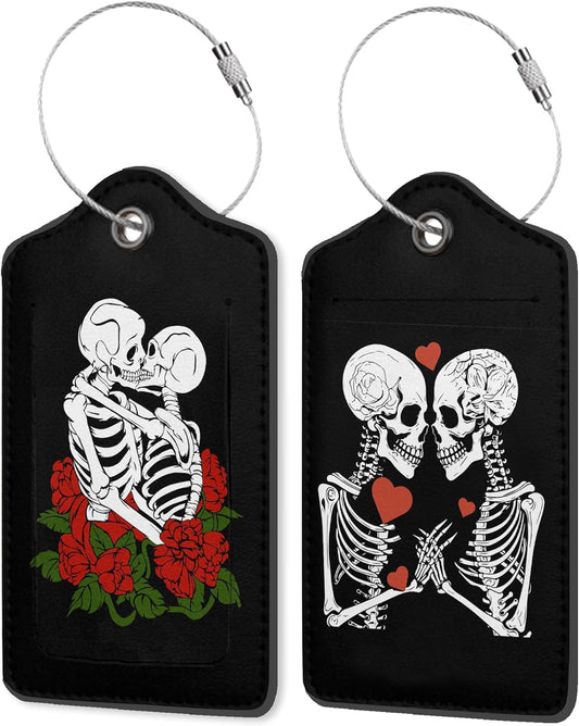 Skeletons Lovingly 2 Pack PU Leather Luggage Tags with Stainless Steel Loop, Funny Human Skull Lovers Travel Labels with Privacy Cover ID Label for Quick Spotting