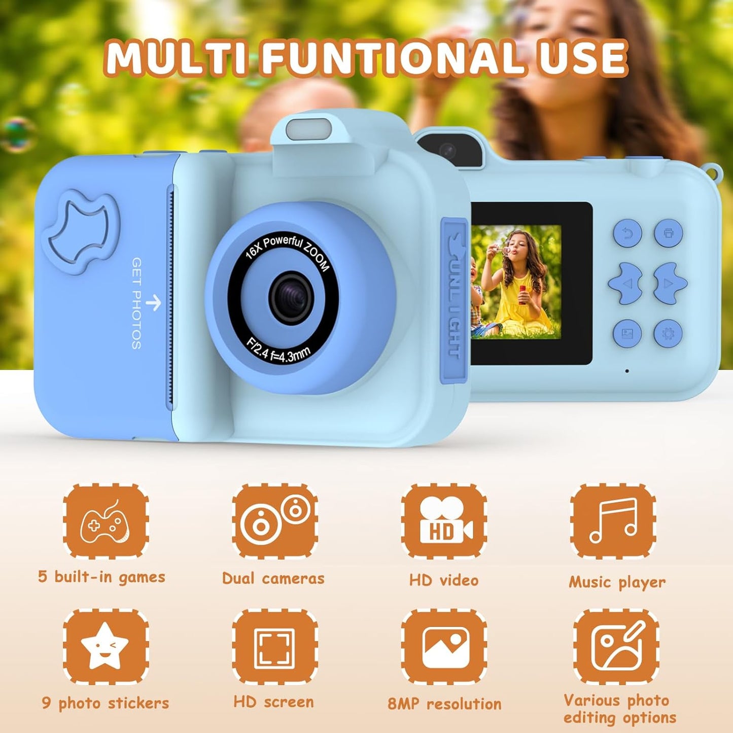 Kids Camera Instant Print, Christmas Birthday Gifts Toys for Girls Boys Age 4 5 6 7 8 9 10 11 12 Years Old,1080P HD Dual Lens Selfie Digital Camera with 5 Rolls Print Paper Stickers Pens 32G Card