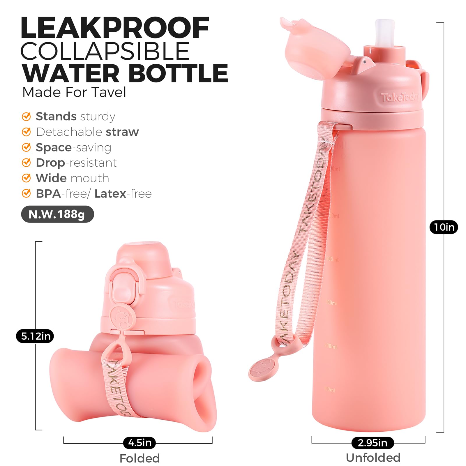 TakeToday Collapsible Water Bottles with Straw for Travel, 21oz, Cherry