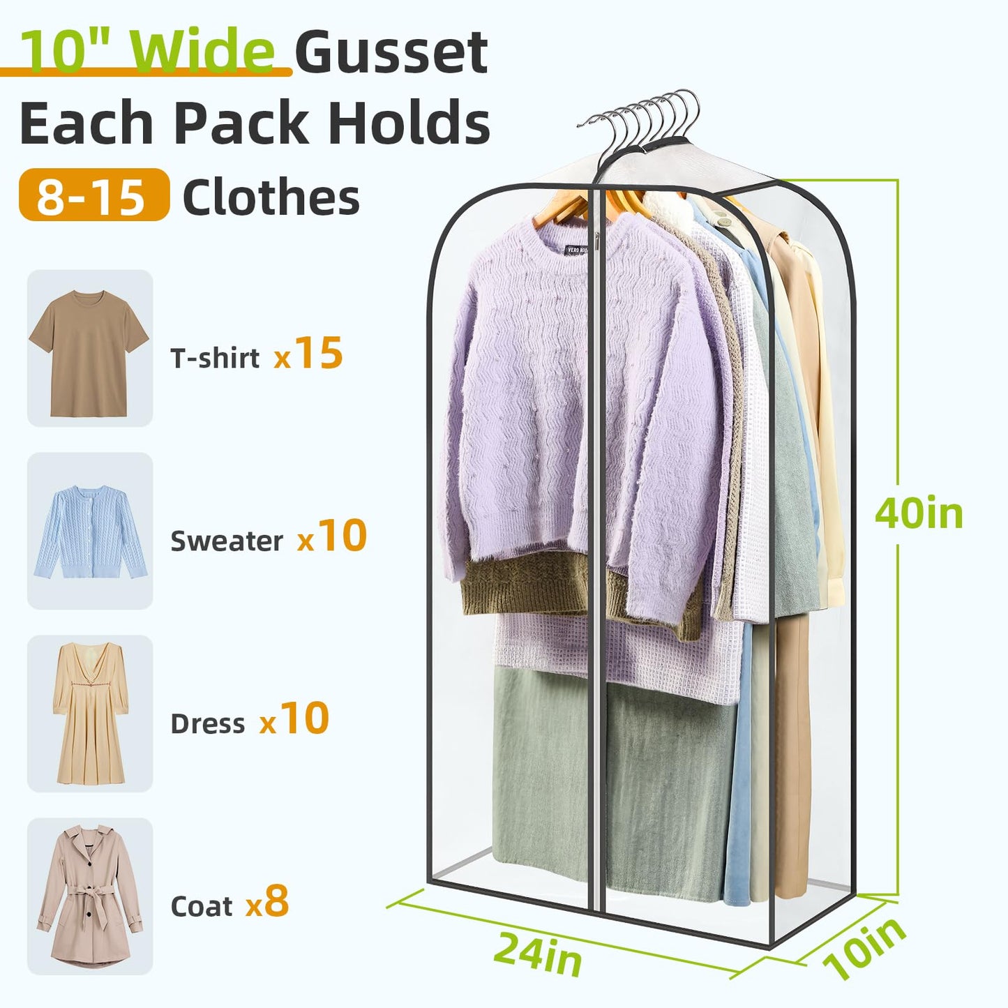 LANDNEOO 6 Pack Clear Garment Bags for Hanging Clothes with Zippers on Double Sides - 10'' Clothes