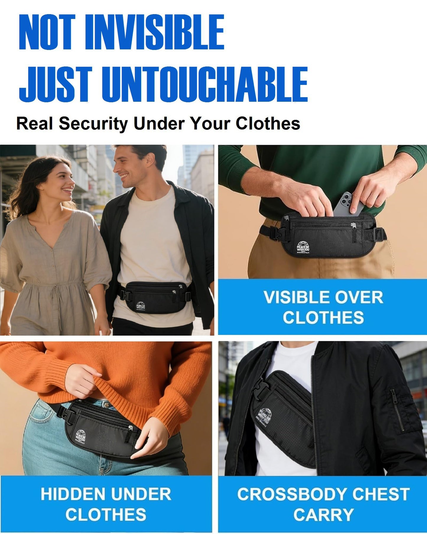 Money Belt for Travel, Passport Holder, RFID Blocking, Sweat-Proof, Black